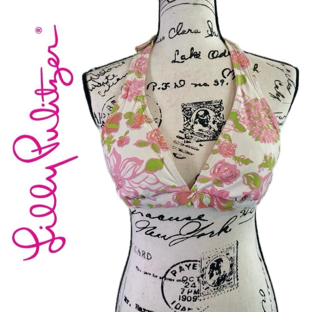 LILLY PULITZER BIKINI TOP PINK FLORAL SZ XS PADDING SWIM TOP‎ BEACHY CHIC SUMMER